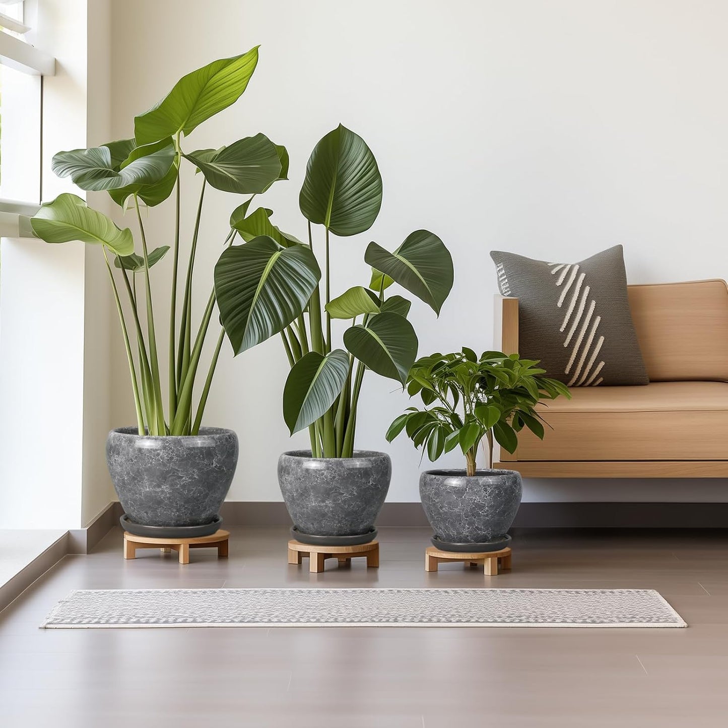 Ceramic Planters - 10 Inch 8 Inch 6 Inch Round Decorative Plant Pots with Drainage Holes and Saucers for Indoor Outdoor Flower, Room Home Apartment Decor, Gift for Women Men, Set of 3, Grey