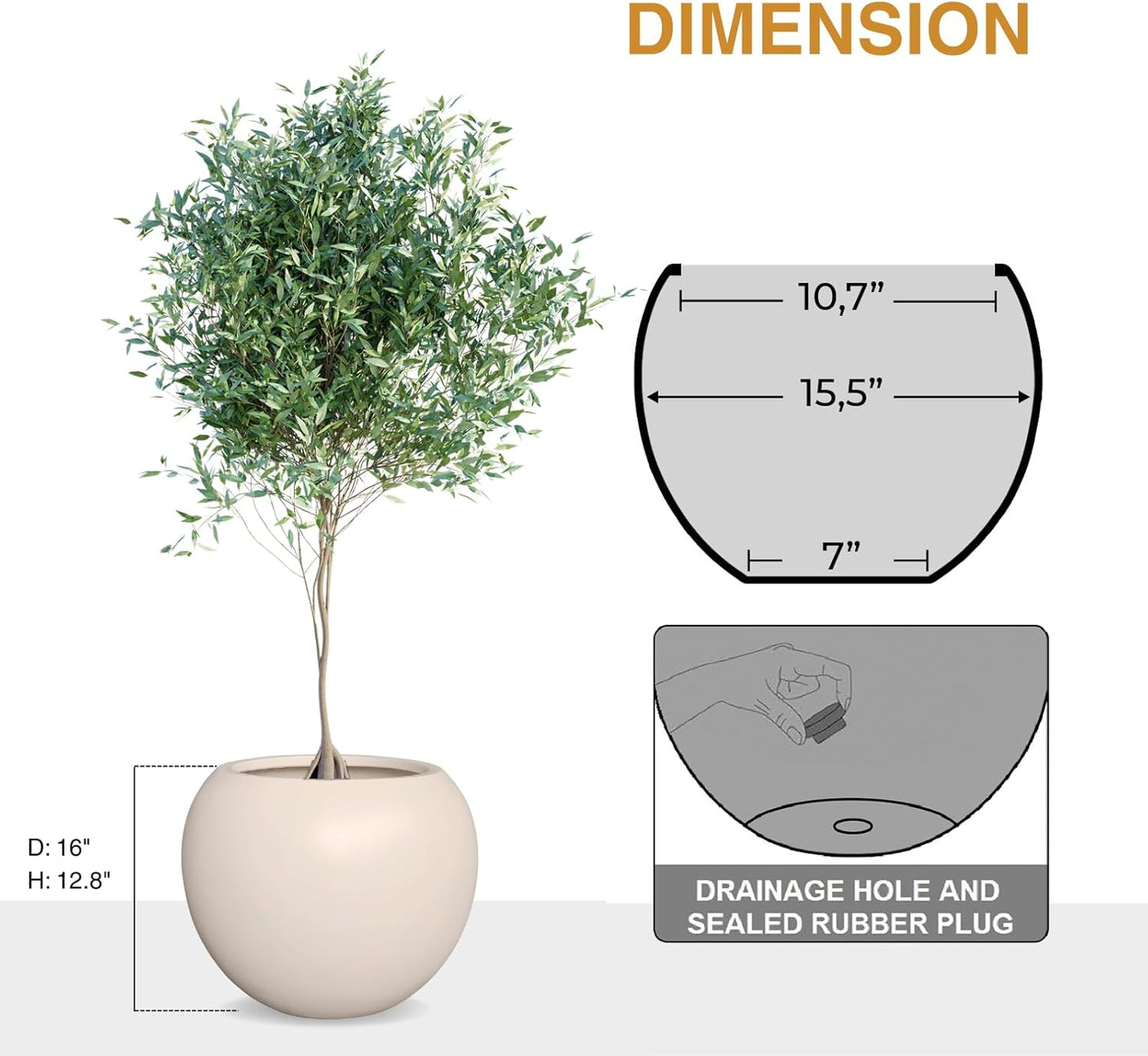 12.8" H x 16" D Globo Fiberstone Round Planter with Drainage Hole, Weather Resistant, Smooth Finish, Planters for Indoor Plants & Outdoor, 2 Extra Coco Mats (Kilim Beige, 10.7" Pot Opening)