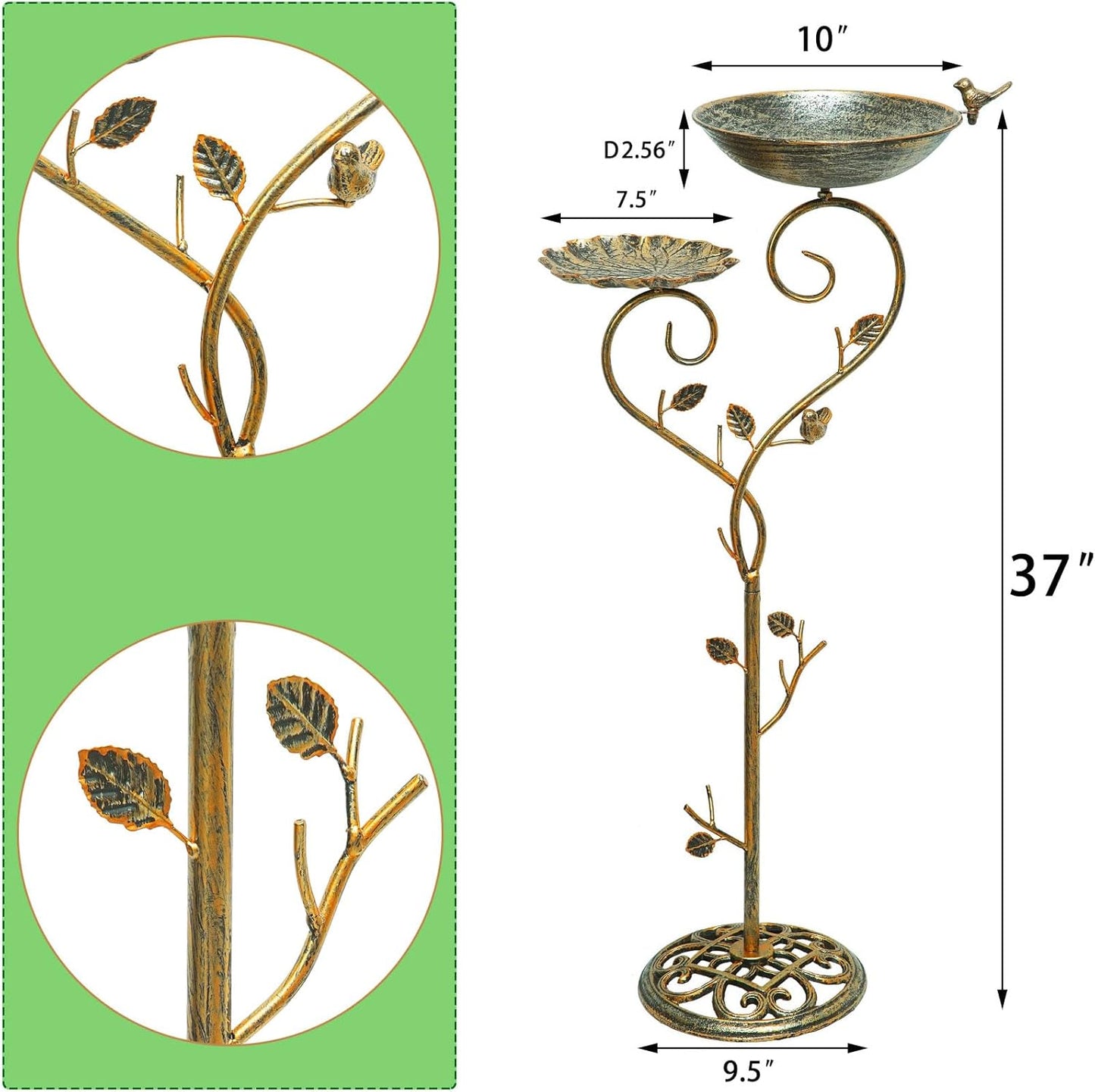 37" H Cast Iron Pedestal Bird Bath, 2 in1 Bird Baths for Outdoors/Metal Bird Feeder Bowl Tray,Vintage Metal Bird Bath Garden Yard Decor