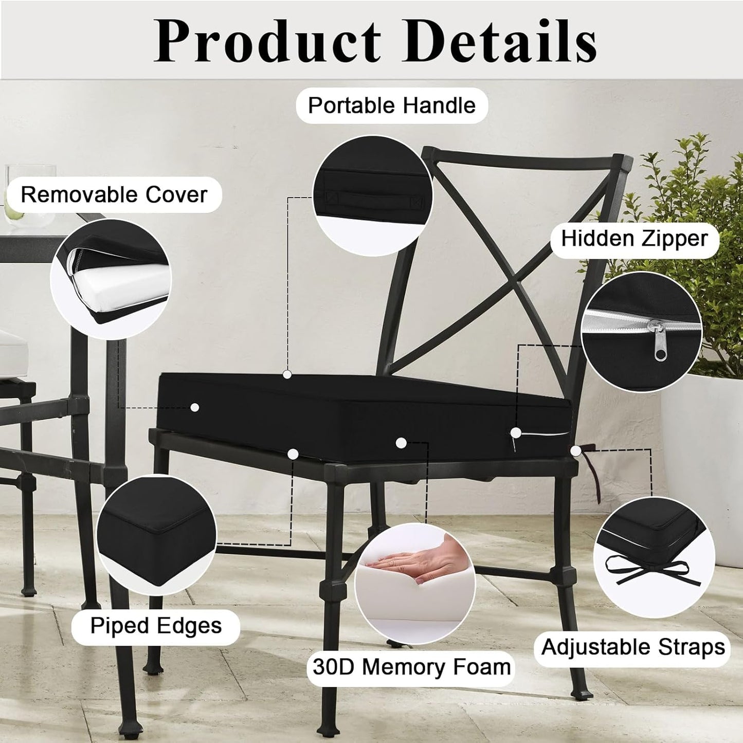 Outdoor Chair Cushions Set of 2 for Patio Furniture 22x22x4 Inch Waterproof Patio Chair Cushion 3 Year Color Fastness Square Elastic Foam Garden Couch Pads with Ties and Handle,Black