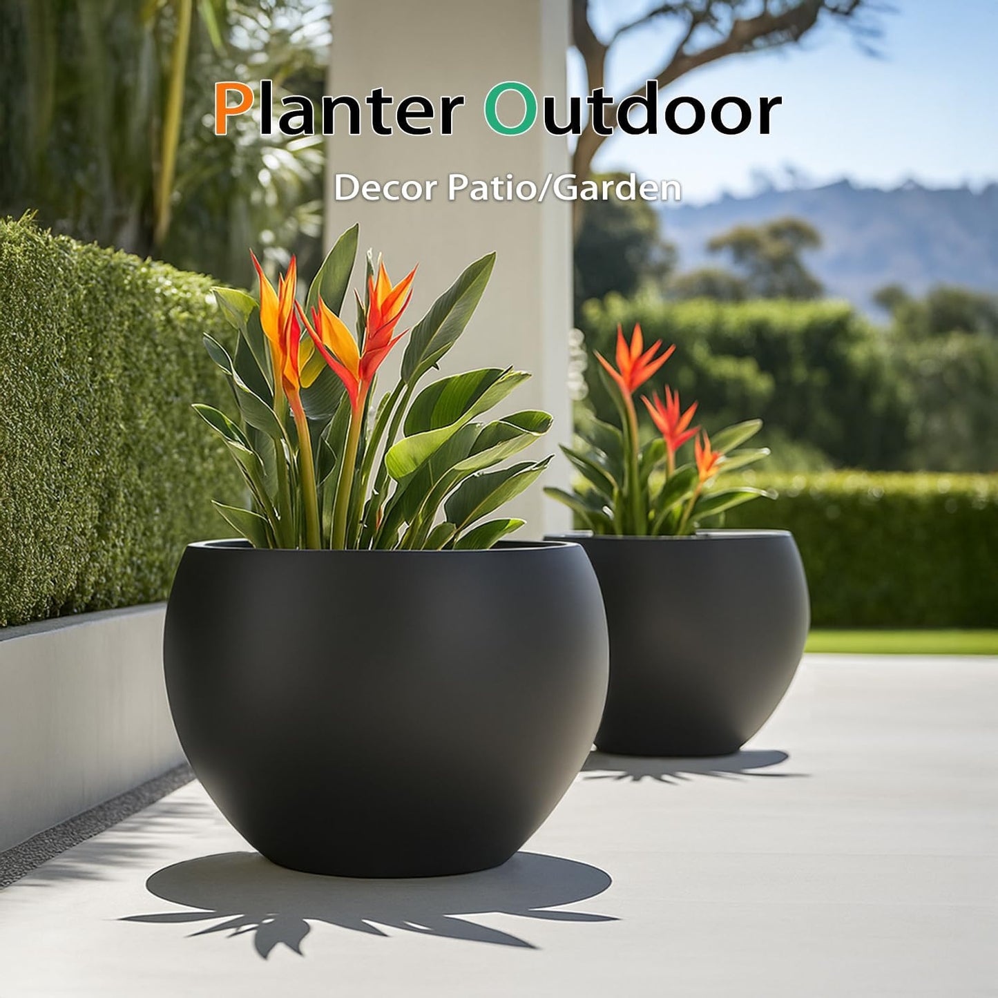 Ball Fiberstone Planter Outdoor Indoor, Large Tall Plant Pots for Front Porch, Patio, Garden (Black, 20 inch)