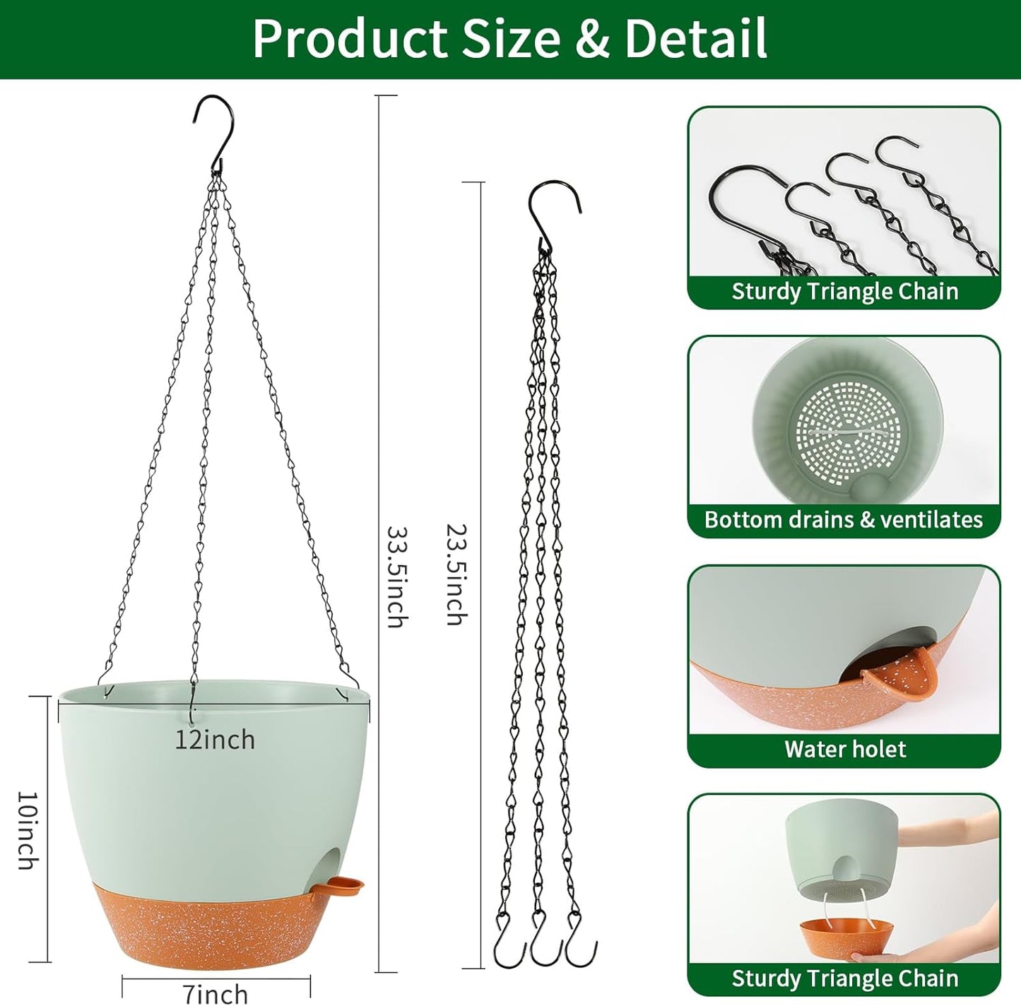 GARDIFE Large Hanging Planter, 12 inch Hanging planters for Indoor. Outdoor Plants, Self Watering Plant Pot, Plant Hanger, Green