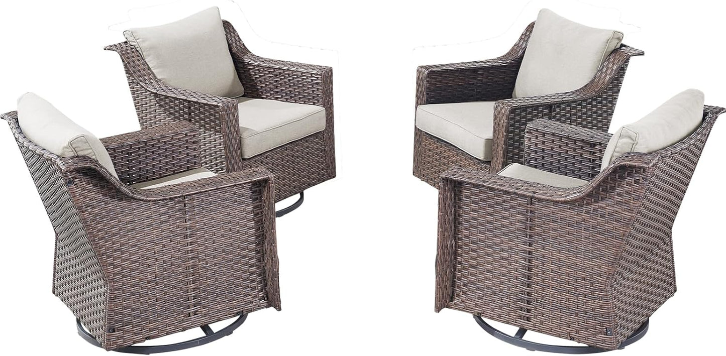 Outdoor Patio Wicker Swivel Chairs - Set of 4 Outside Rattan Rocker Glider Chair Rocking Armchairs for Front Porch Balcony Backyard Yard Deck Poolside Apartment – Brown/Beige