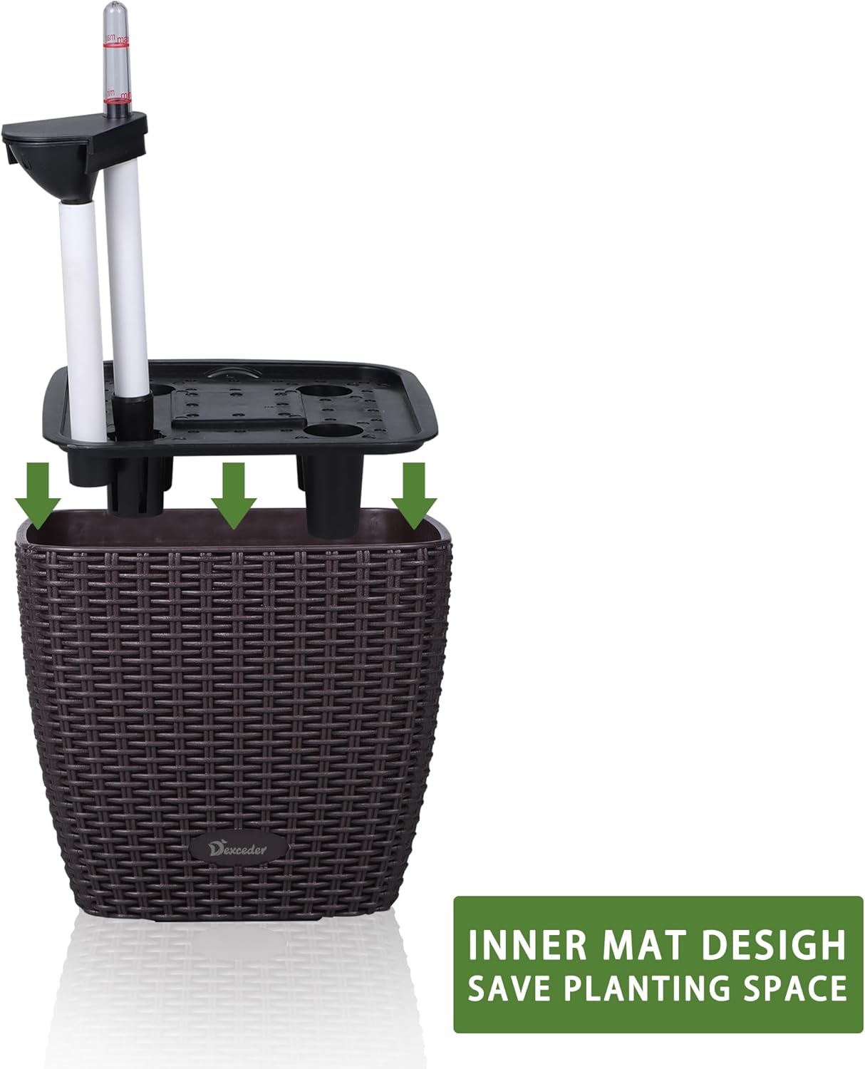 Dexceder 9x8 Self Watering Planter Indoor Outdoor, Inner Mat Design, Thickened Table Flower Plant Pot with Water Level Indicator (Brown Rattan)