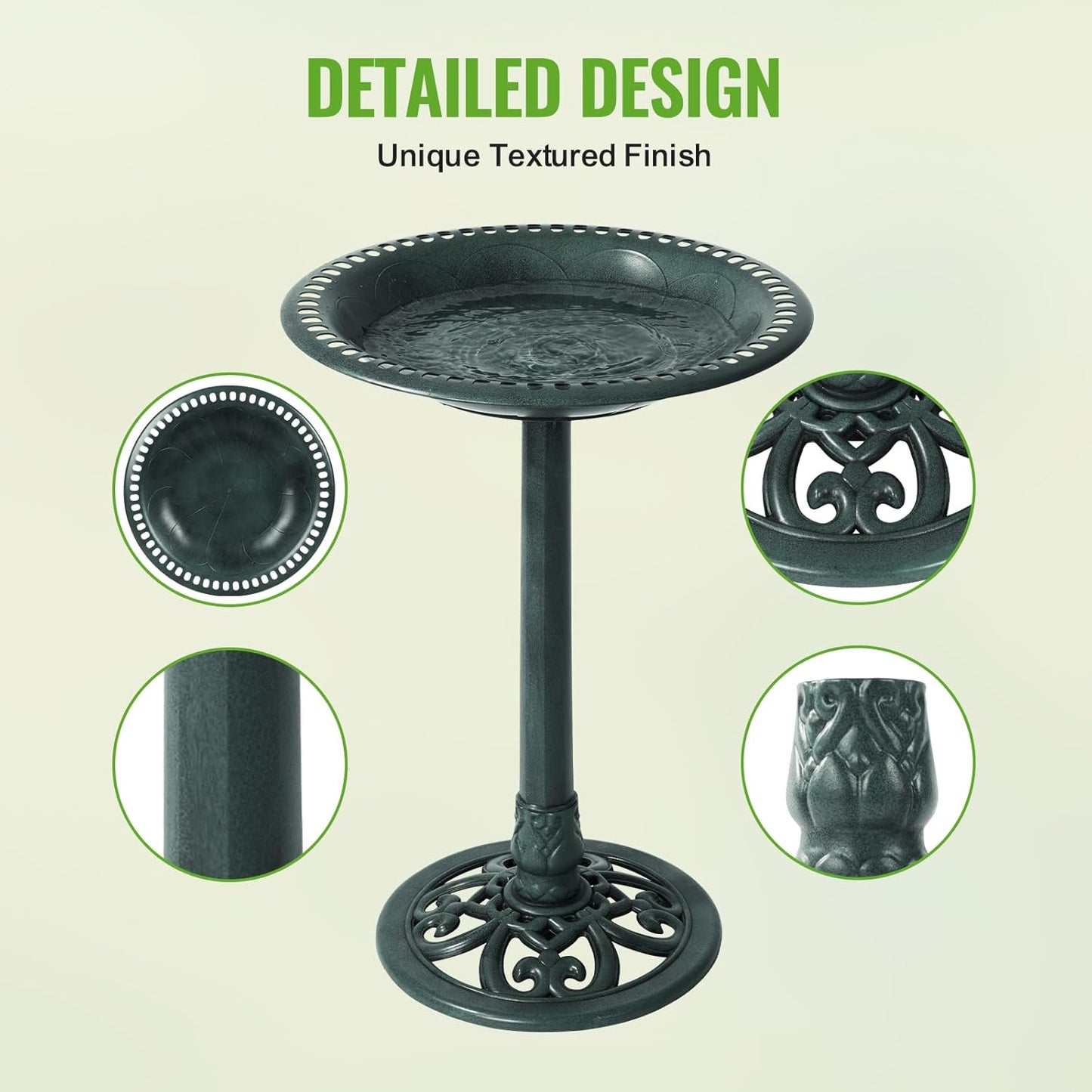 Backyard Expressions Outdoor Garden Bird Bath - Green - Weather Resistant Polyresin - 27 Inch