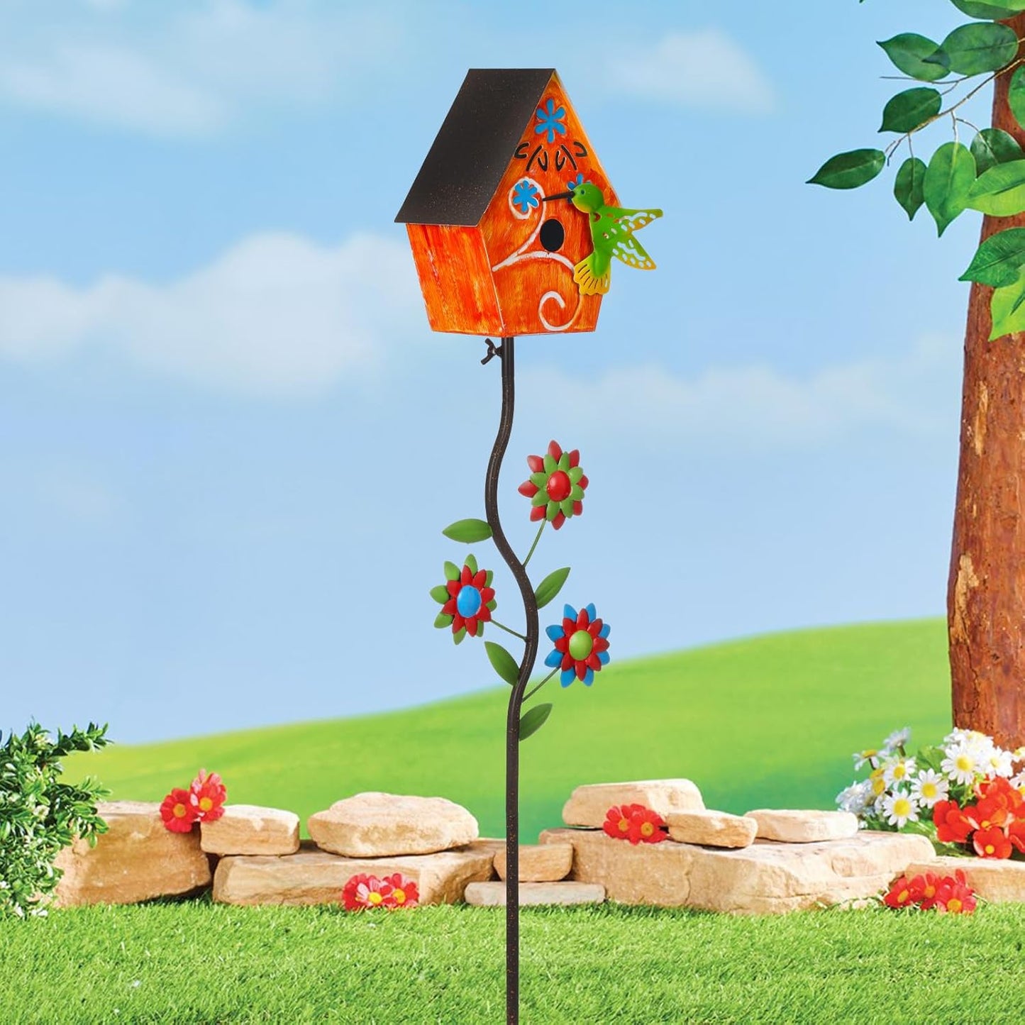 51” Bird Houses Stake for Outside, Metal Wild Bird Feeder Birdhouse Stake Pole with Hummingbird Design Outdoor Decorations for Patio, Backyard, Garden