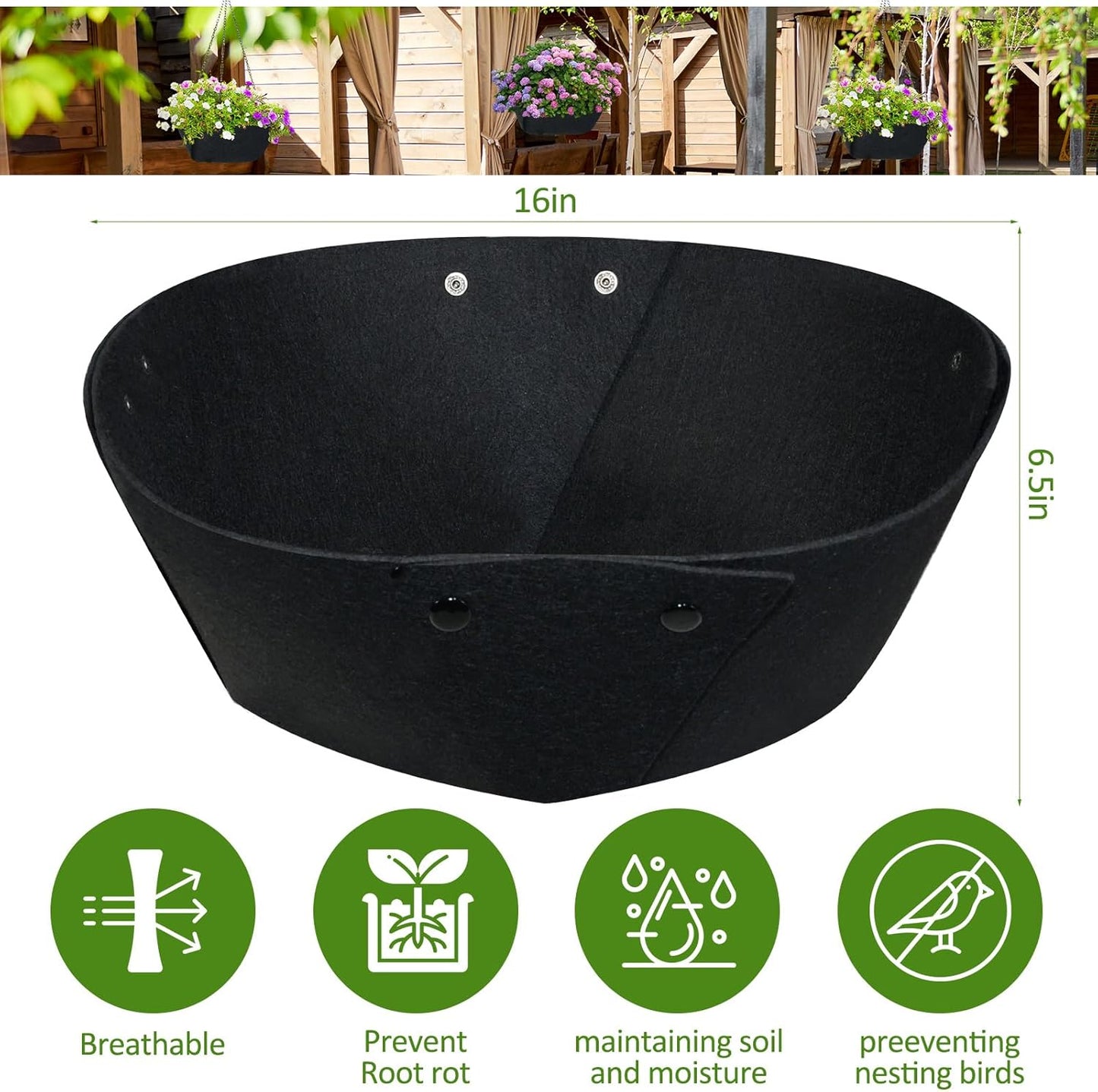 16Inch Round Fabric Planter Liners (4pcs), Felt Flower Pot Liners for Hanging Baskets, Planter Liner for Garden Flower Vegetables Plant Indoor/Outdoor (Black)