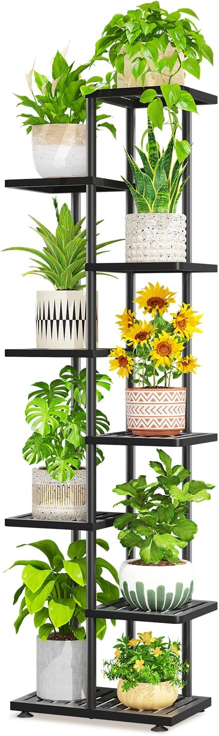 LASZOLA 7 Tier Plant Stand Indoors Outdoors for Large Heavy Duty Planter, Black Metal Tall Flower Holder Rack with Multiple Shelf for Modern Patio Corner, Vertical Organizer, Weather Resistant Bracket