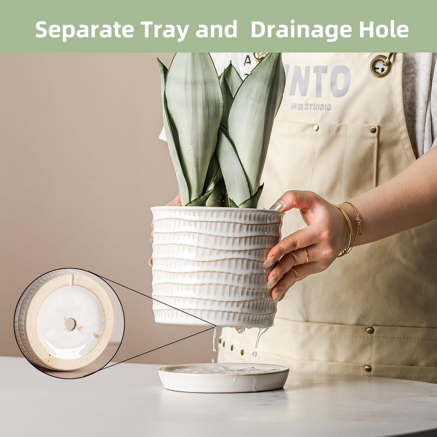 5.8 Inch Plant Pot: Ceramic Planter with Drainage Hole & Saucer - Cream White Flowerpot for Indoor & Outdoor Plants - with Separate Tray for Home & Office - Wave Embossed Design