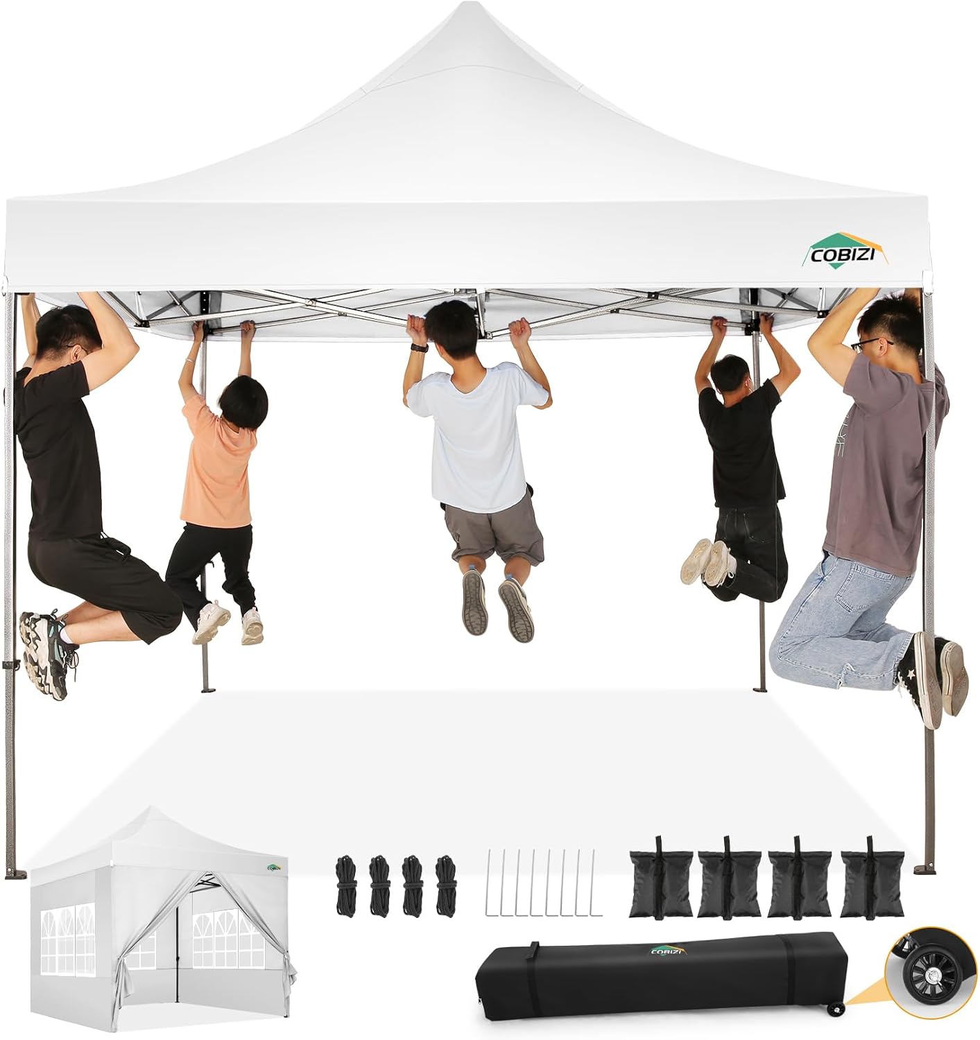 COBIZI 10x10 Pop Up Canopy Tent with 4 sidewalls Commercial Heavy Duty Canopy UPF 50+ All Weather Waterproof Outdoor Canopy Wedding Tents for Parties Gazebo with Roller Bag, White (Windproof Upgraded)