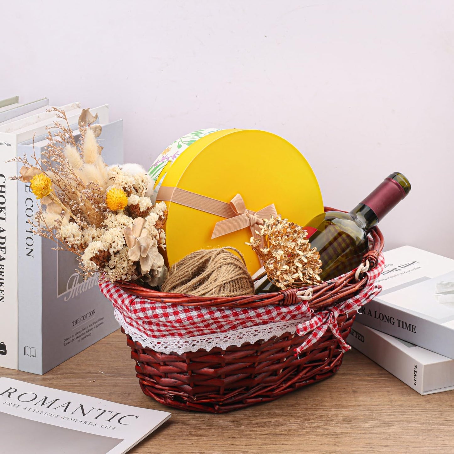 2 Pack 12.6 Inch Brown Wicker Basket with Checkered Lining, Oval Wicker Woven Basket with Handle, Willow Woven Picnic Baskets for Picnic, Camping, Party(Small)