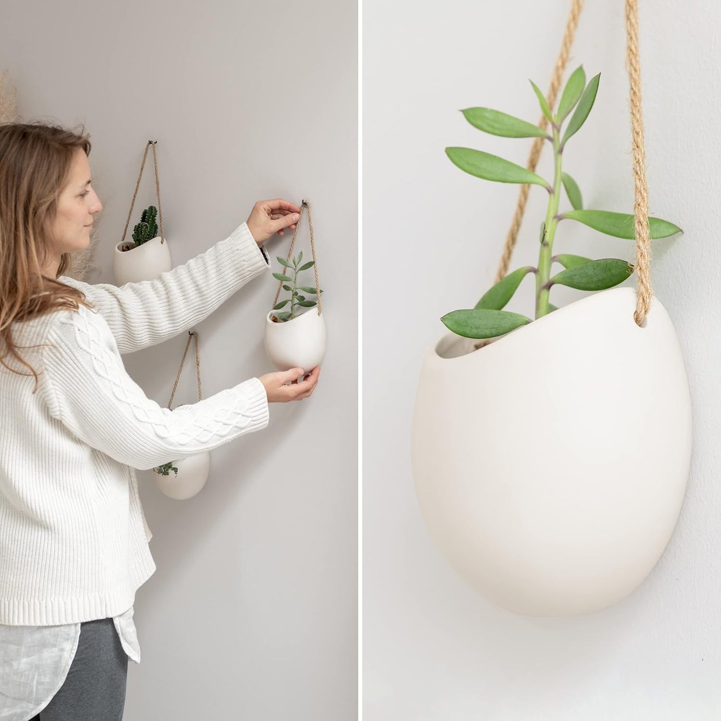 Kazai. Wall Planters -Ellie- | Hanging Ceramic Plant Pots 3 Pieces | Wall Decoration for Indoors, Balcony and Garden | Cream (Matte)