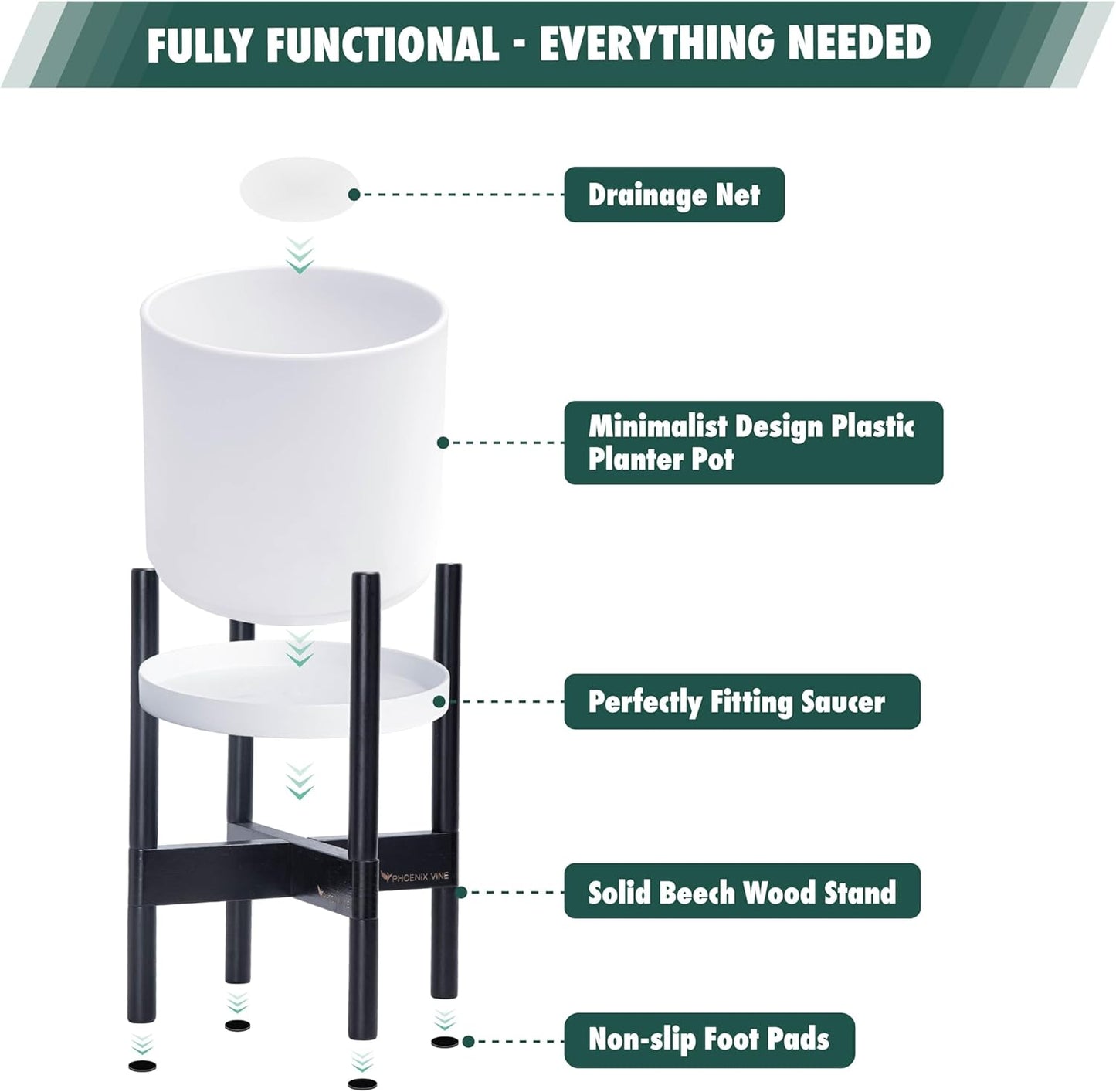 D'vine Dev Planter Pot with Stand - 16 Inch Plastic Cylinder Flower Pot with Wood Planter Holder for Indoor, Matte White Pot + Ebony Stand, 55-C-Z-1