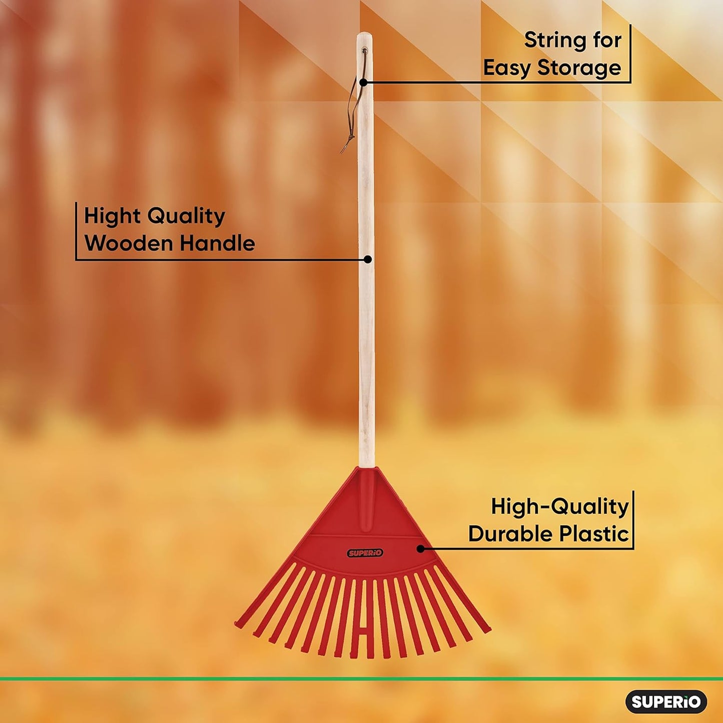 Superio Kids Rake with Hardwood Handle, Durable Plastic Head to Sweep Leaves in Lawn and Tidying Up The Garden, 34"