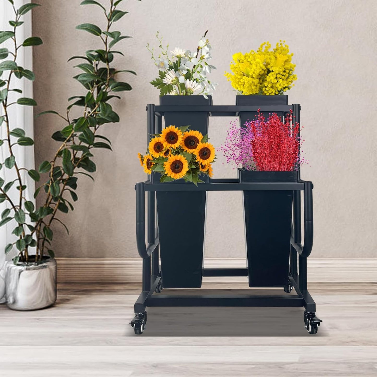 Tongmo 2-Tier Flower Display Stand with 4 Buckets - Movable Plant Cart for Heavy Duty Flower Rack - Perfect for Flower Shops, Homes, Cafés, and Offices (2-Tier with Bucket)