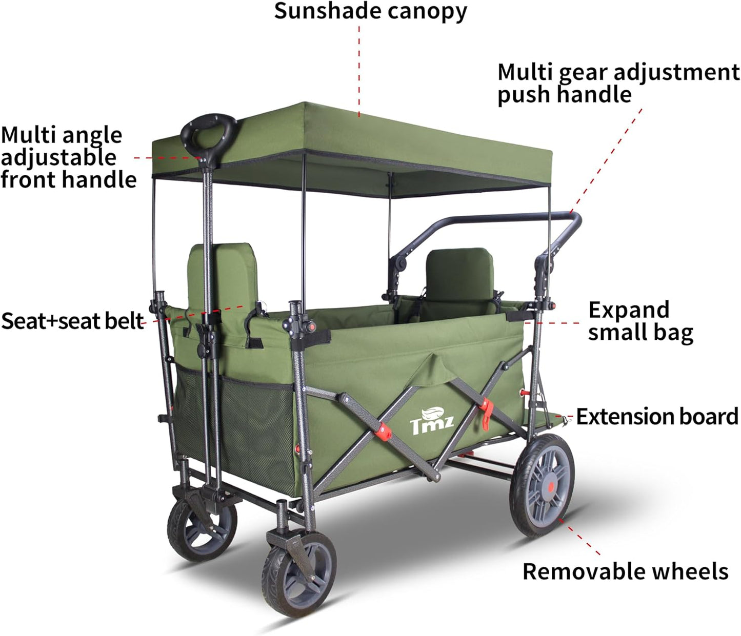 TMZ Collapsible Foldable Wagon Cart with Quick-Release Wheels and 2 Seats, Heavy Duty Wagon 265LBS Load Capacity for Camping Garden Shopping (Green)