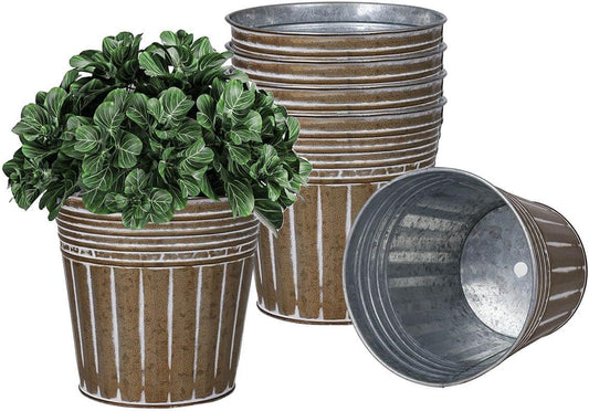 vensovo 5 Inch Brown Metal Rustic Flower Pots - 6Pcs Small Galvanized Planters with Drainage Hole and Rubber Plug, Rustproof Metal Bucket Plant Pots Farmhouse Vintage Style for Decor