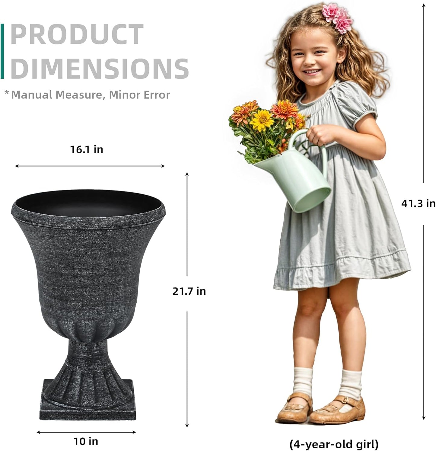 22" Large Urn Planters for Outdoor Plants, Set of 2 Plastic Flower Pot with Handmade Washed Black Finish, Weather-Resistant for Porch, Garden, Patio or Indoor Decor