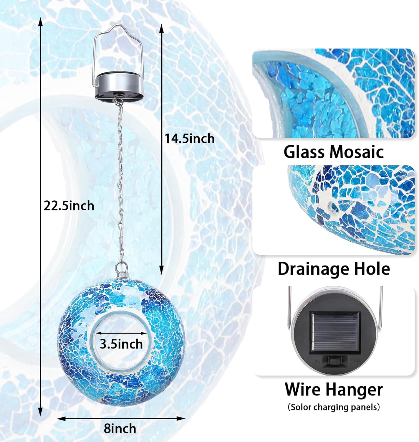 Yinns Solar Bird Feeder - Mosaic Fly Through Bird Feeders for Outside Hanging with Round Shape Glass Container Birdfeeder for Garden Decor, 8 Inch