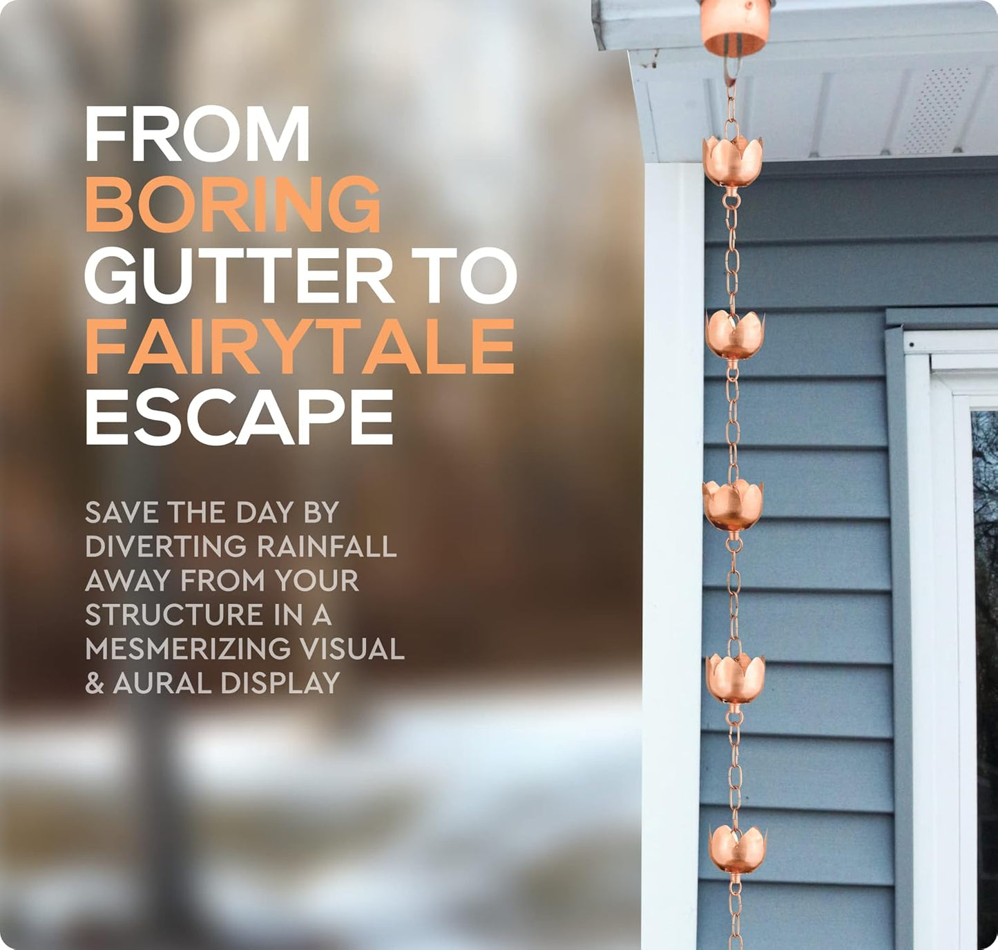 Copper Rain Chain – Decorative Chimes & Cups Replace Gutter Downspout & Divert Water Away from Home for Stunning Fountain Display – 3’ Long for Universal Fit – Flower Style