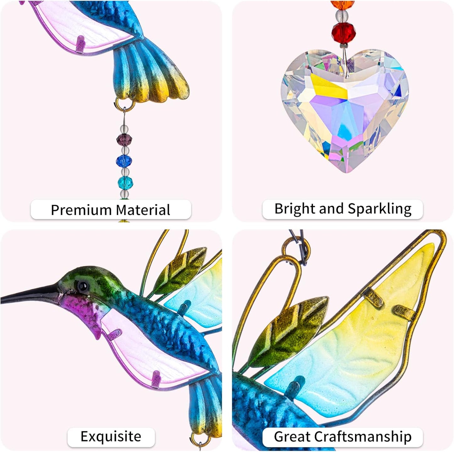 Stained Glass Bird Suncatcher with Crystal for Window, Hanging Prism for Garden Decoration, Glass Hummingbird Ornament Hangings, Sunlight Reflection Rainbow Maker, Handmade Beads Kits Gift for Adults