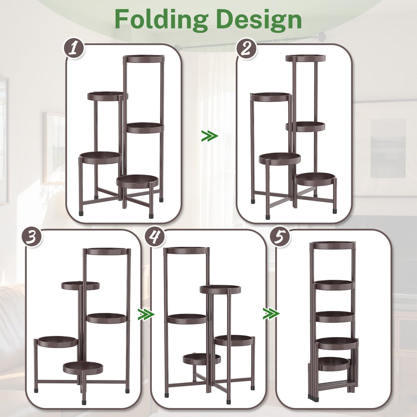 iDavosic.ly Plant Stand Indoor Outdoor, 5 Tier Corner Metal Flower Display Holder Shelf, Folding Tall Orchid Rack for Patio Balcony Porch Garden Living Room House, Violet Bronze