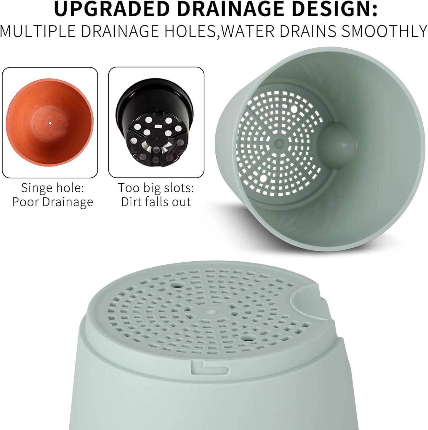 GARDIFE Plant Pots 7/6.5/6/5.5/5 Inch Self Watering Planters with Drainage Hole, Plastic Flower Pots, Nursery Planting Pot for All House Plants, African Violet, Flowers, and Cactus,Green