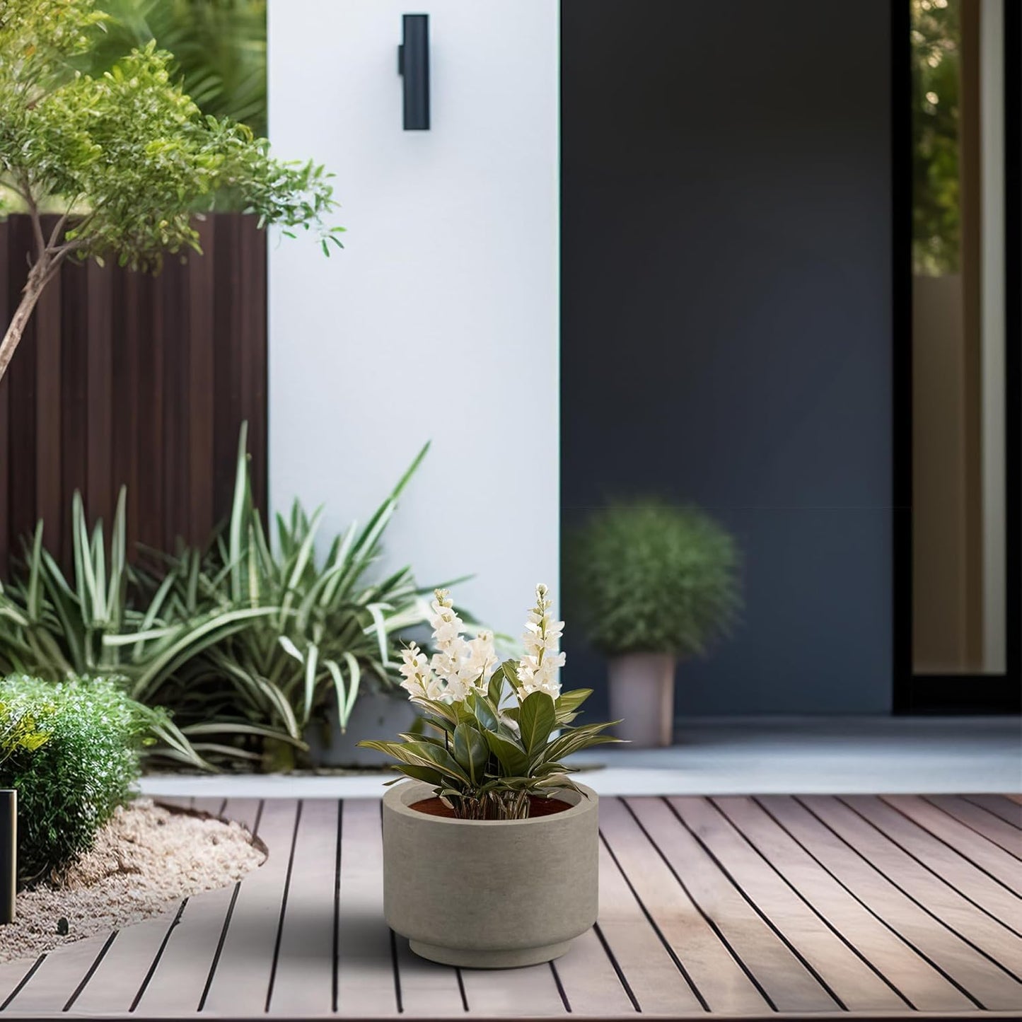 Kante 9.8 Inch Dia Concrete Planter, Round Pedestal Design Garden Pot for Indoor Outdoor Plants, Modern Flower Pot with Drainage Hole, Weathered Concrete Finish with Warm Brown Interior