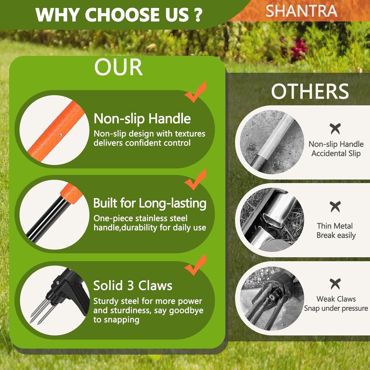 SHANTRA Weed Puller Tool, 3-Claw Stand Up Weed Puller Tool with Long Handle, Garden Weeder Puller Heavy Duty Stand Up Weeder, Weeding Tool for Lawn, Yard, Garden, Crabgrass, Dandelion Picker