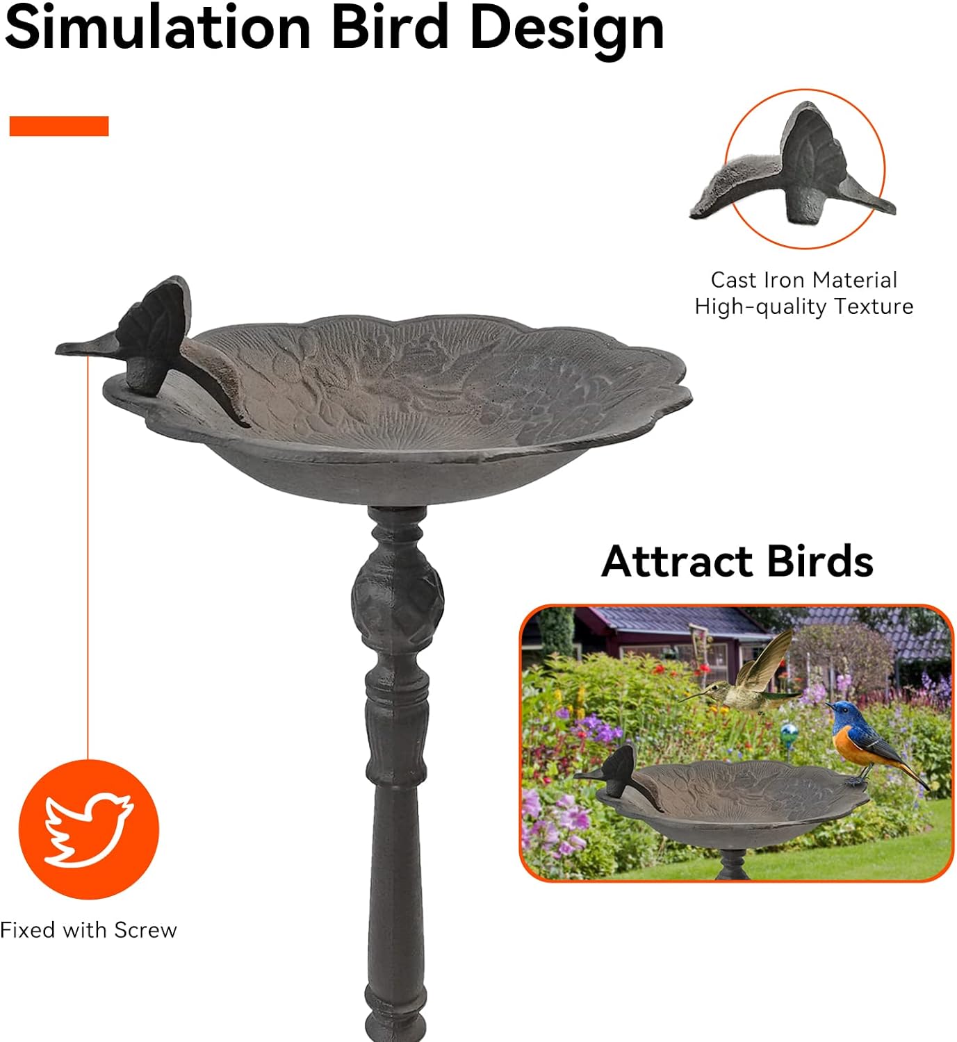 Heavy Duty Metal Bird Bath for Outside - 10.23 Inches Diameter, 22 Inches Height - Perfect for Garden, Patio, Lawn Decoration， Has The Functions of a Hummingbird Feeder and a Bird Feeder