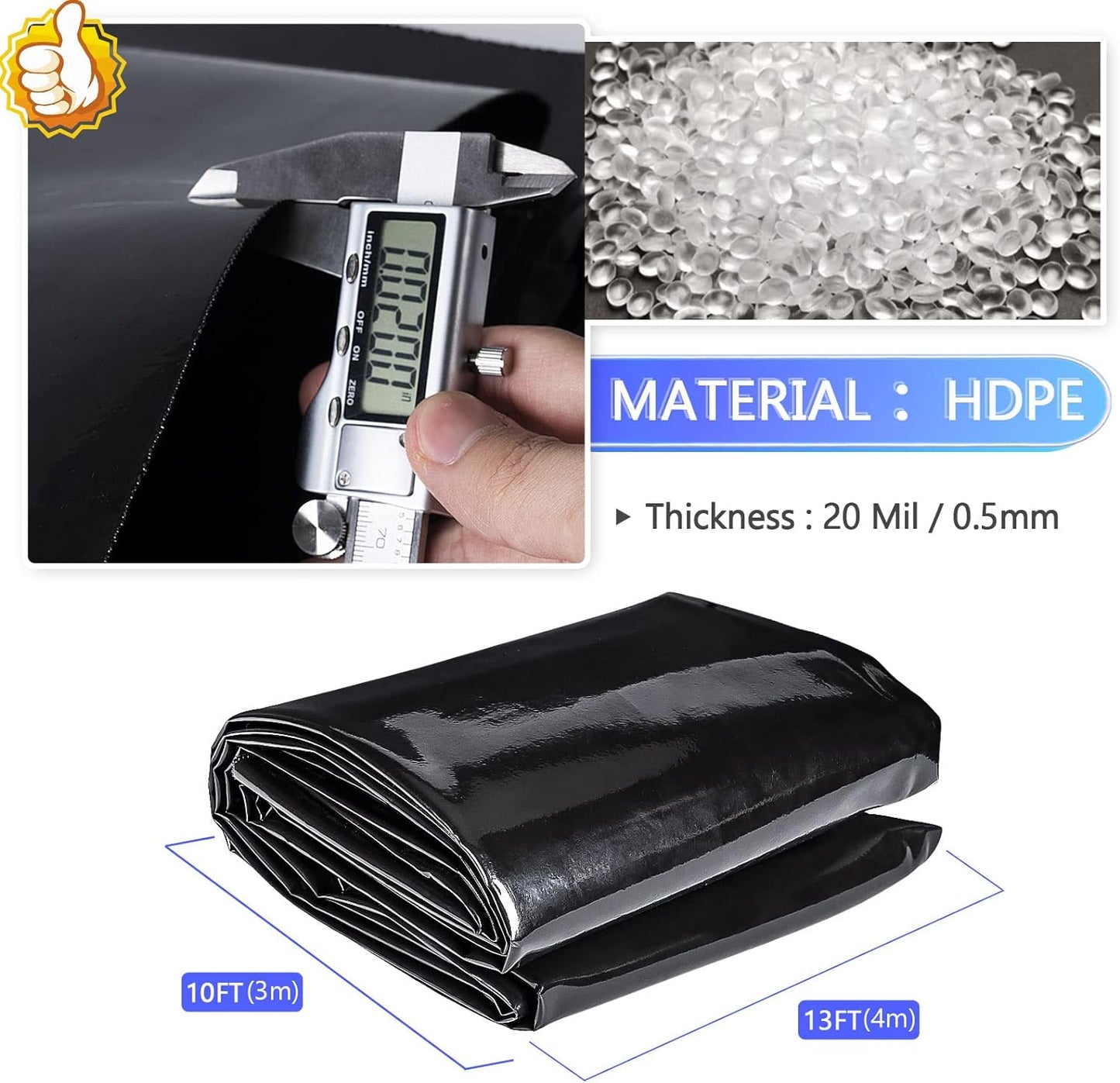 ToLanbbt Pond Liner 10 x 13 Ft, 20 Mil HDPE UV Resistant Preformed Pond Liner Easy Cutting, Underlayment for Fountain, Waterfall, Koi Pondsand Water Garden (Black)