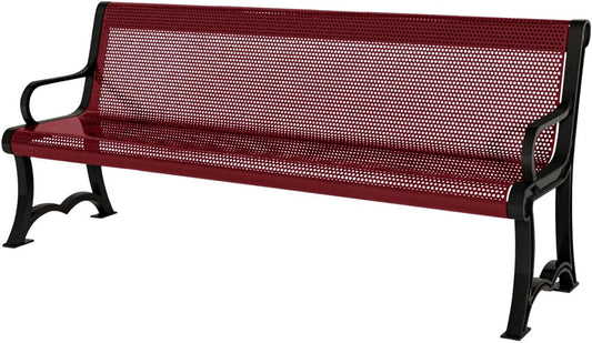 Coated Outdoor Furniture Heavy-Duty Outdoor Bench Thermoplastic Coated, Punched Steel, Commercial-Grade Garden Bench, Made in America (Portable with Back, 4 Ft, Burgundy)