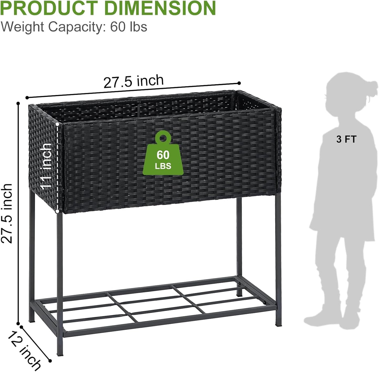 LEWIS&WAYNE Raised Garden Beds Outdoor with Legs Handmade Wicker Planter Box with Removable Liner & Storage Shelf Elevated Garden Bed for Vegetable Flower Herb - Black
