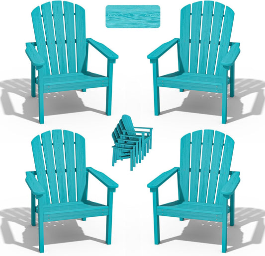 Stackable Adirondack Chair Set of 4, HDPE Outdoor Patio Chair - Durable and Space Saving, Suitable for Porches, Lawns or Garden, Aruba