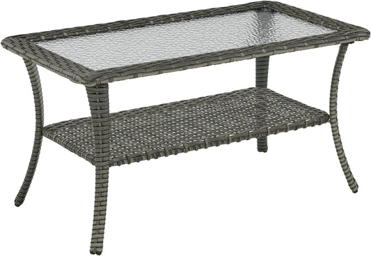 Patio Tables Outdoor Coffee Table - Wicker Rattan Coffee Tables with 2-Tier Storage Shelf Glass Top for Outside Proch Deck Balcony Garden Rectangle Mixed Grey