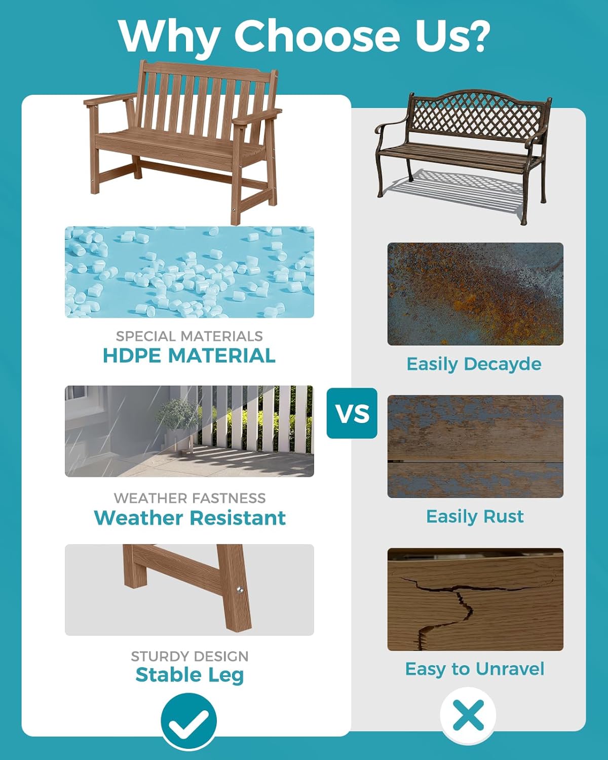 Outdoor Bench, 2-Person HDPE Garden Bench, All Weather Poly Patio Bench for Outdoors, Garden, Backyard, Porch and Park, 660 lbs Weight Capacity, Teak, 2 Pack