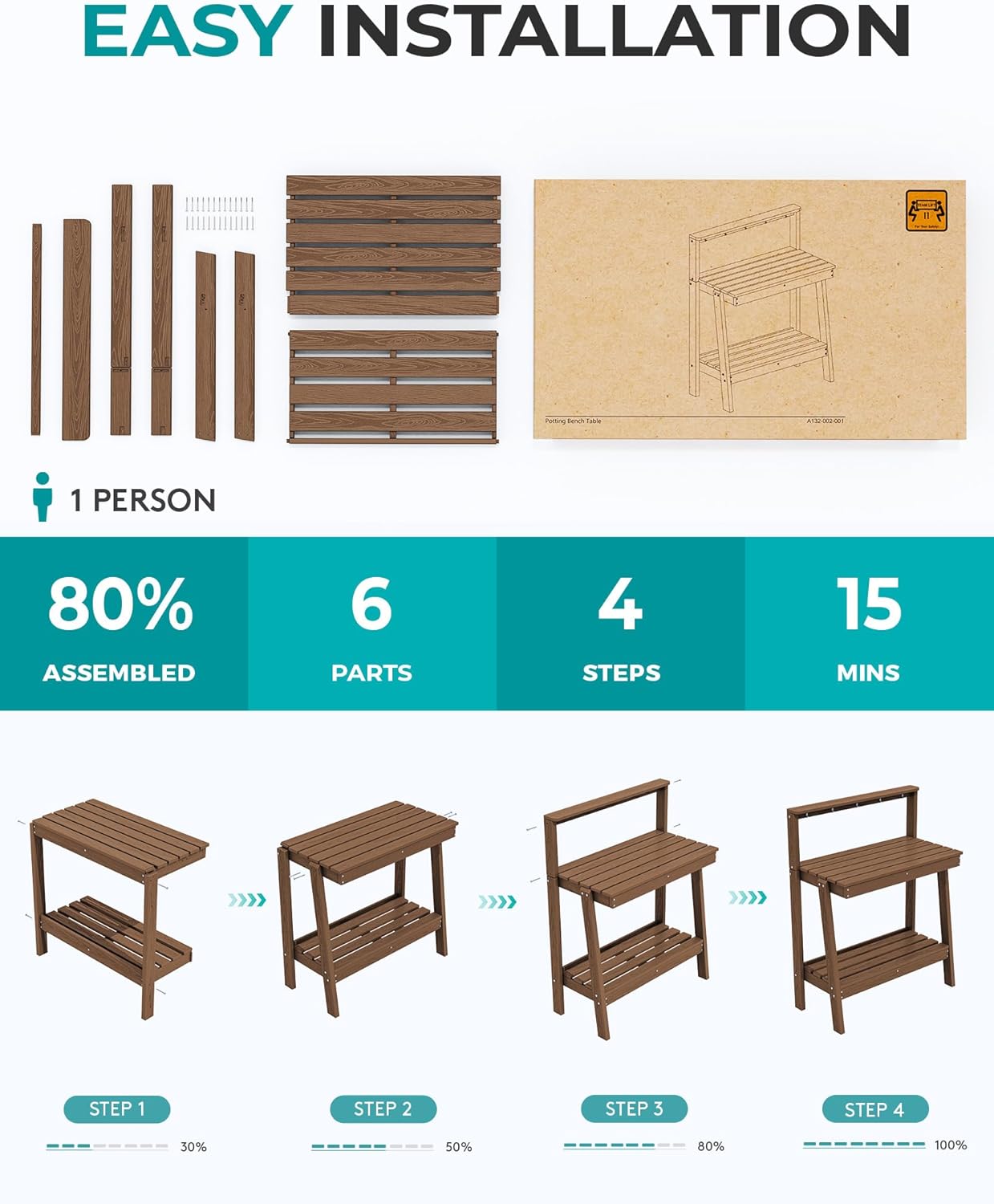 SERWALL Potting Bench Outdoor with Storage, 3-Tier HDPE Gardening Table with Angled Legs & Tool Hooks, All-Weather Heavy Duty Potting Table for Patio, Backyard, Garden, Brown