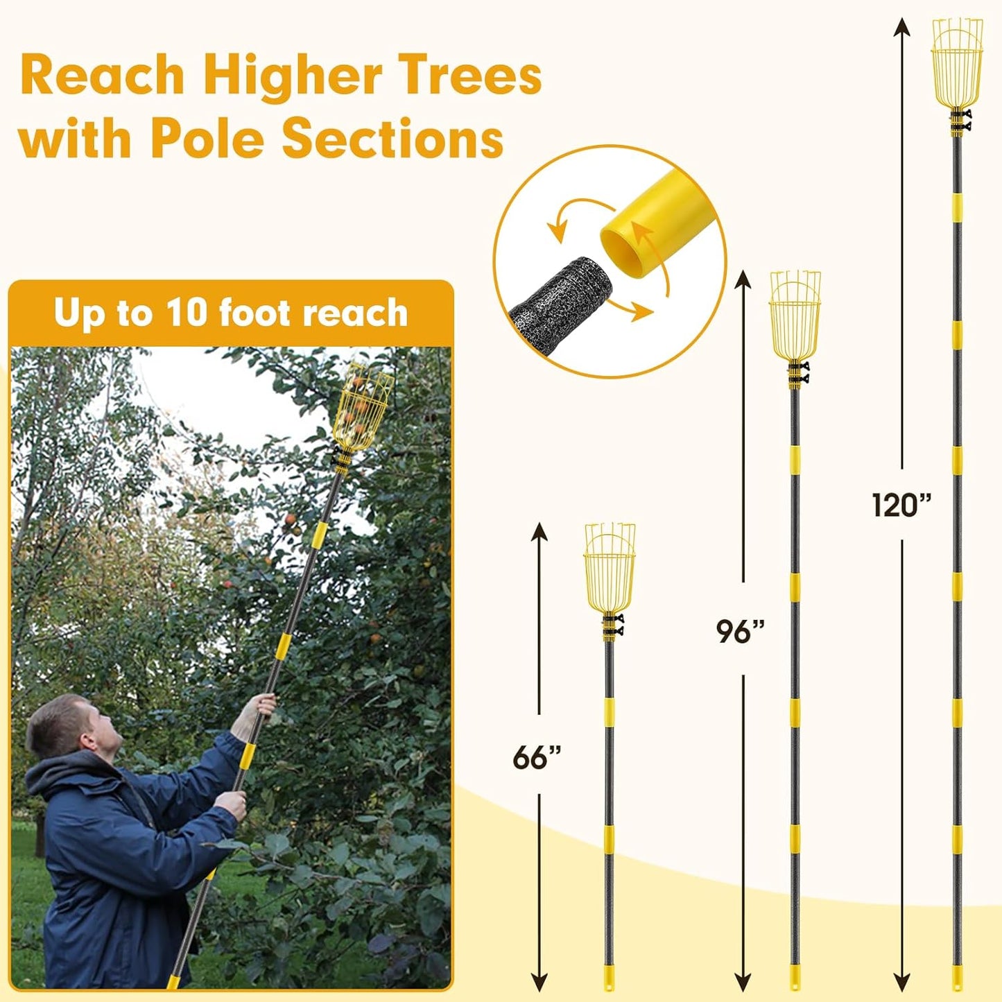 Apple Picker,156 Inch Long Handle Fruit Picker Pole with Basket for High Fruit Tree,Splicing Adjustable Apple Fruit Picker Pole for Pear,Orange,Peach,Lemon,Plum,Mango Tall Trees Fruit Grabber