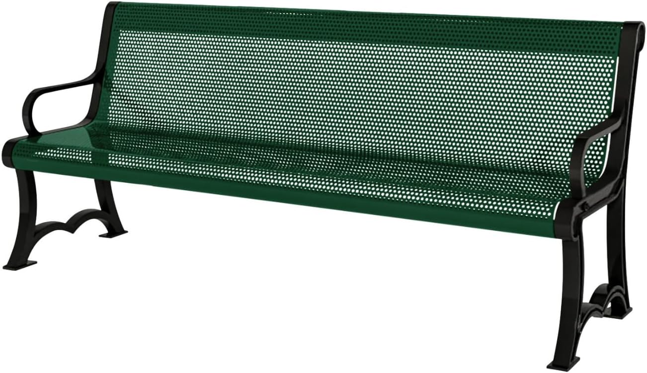 Coated Outdoor Furniture Heavy-Duty Outdoor Bench Thermoplastic Coated, Punched Steel, Commercial-Grade Garden Bench, Made in America (Portable with Back, 4 Ft, Green)