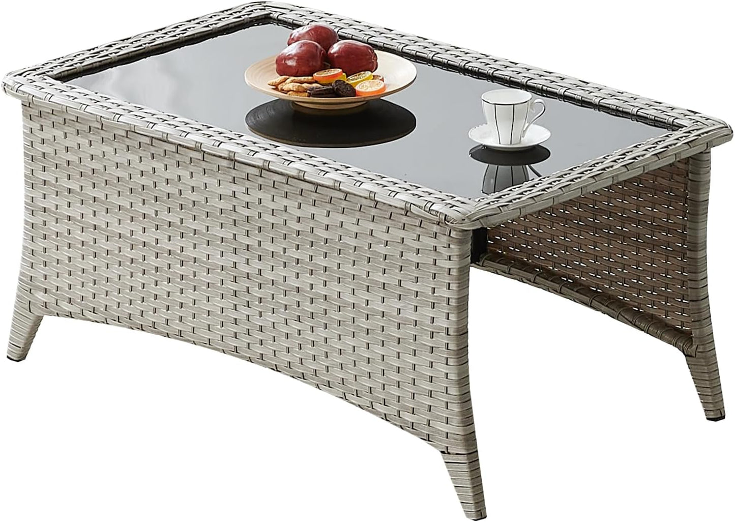 Patio Tables Wicker Coffee Table - Outdoor Rattan Coffee Tables with Glass Top for Patio Proch Deck Balcony Rectangle Light Grey