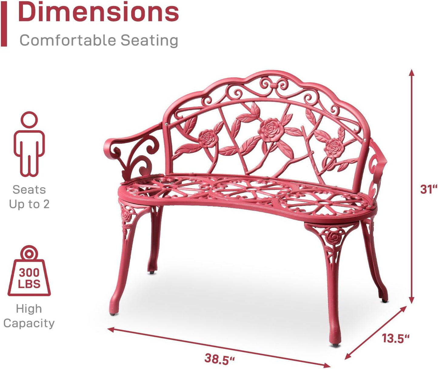 VINGLI 38.5" Patio Park Garden Outdoor Metal Rose Bench,Cast Aluminium Frame Antique Finish Chair,Accented Lawn Front Porch Path Yard Decor Deck Furniture for 2 Person Seat（Red