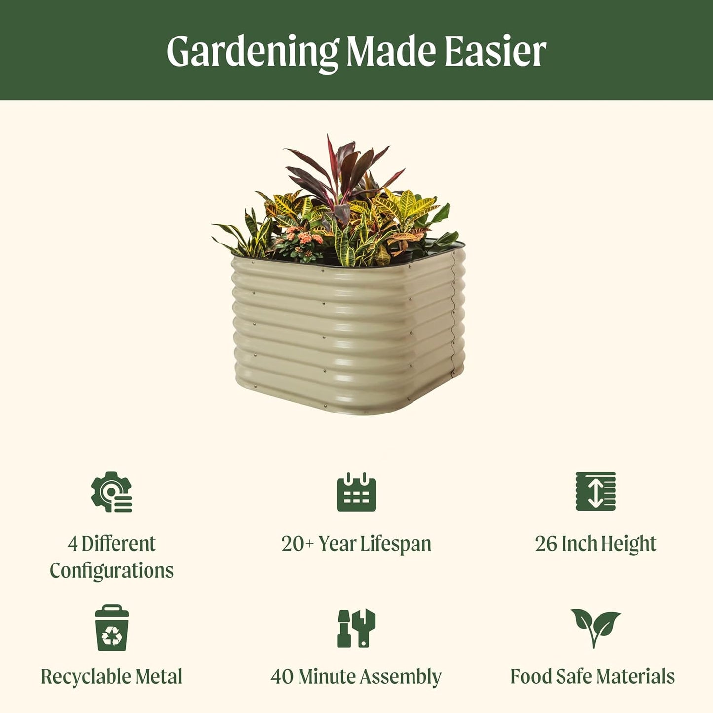 Vego garden 26" Extra Tall Raised Garden Bed Kits, 4 in 1 Modular Raised Planter Box for Vegetables Flowers Fruits Oval Metal Raised Garden-Modern Gray