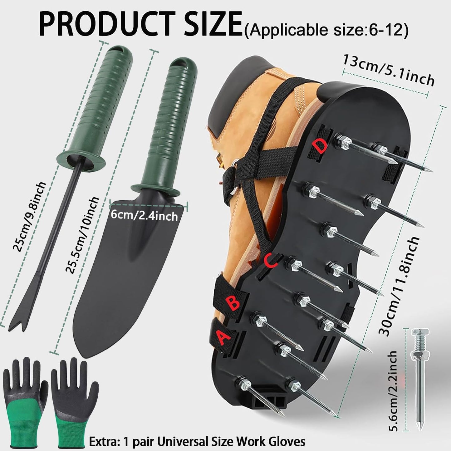 Lawn Aerator Shoes, Spike Shoes for Self Levelling Floor, Heavy Duty Long Spiked Aerating Sandals for Yard Patio Garden Grass Lawn, with Gardening Gloves/ Stainless Steel Shovels Clearing Away Debris