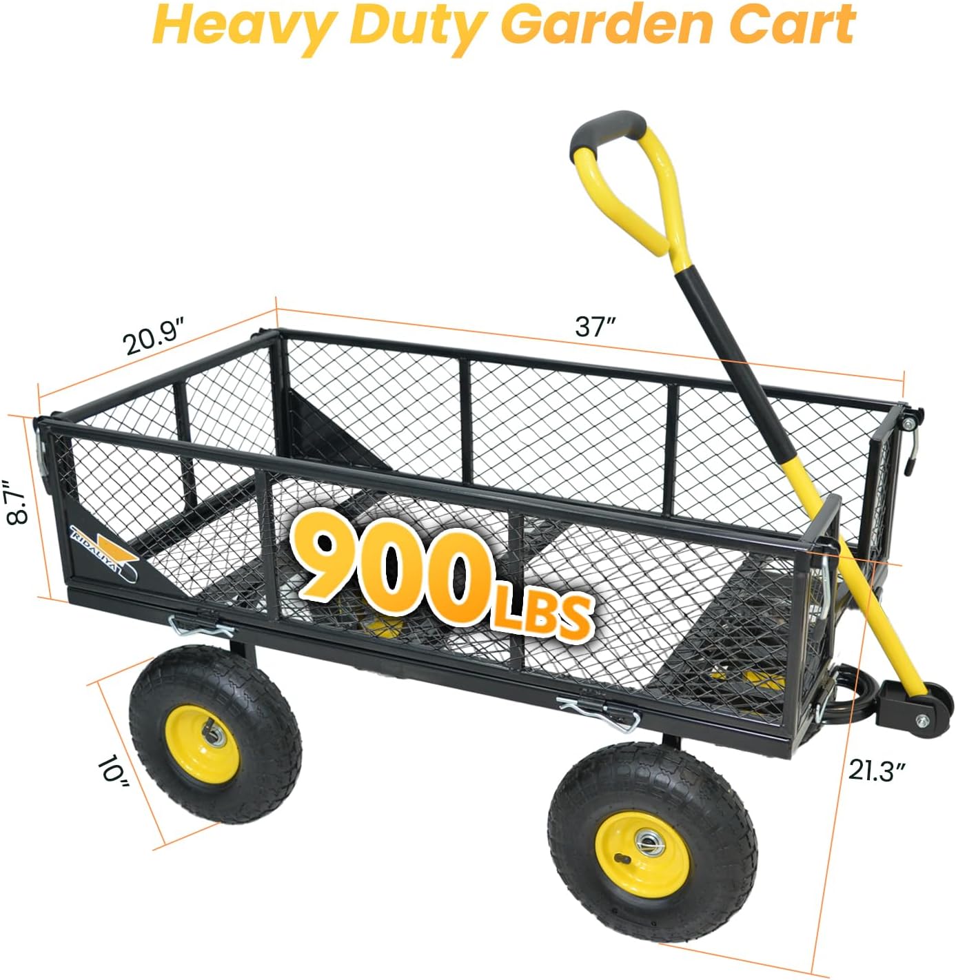 900 lbs Steel Garden Cart, Heavy Duty Yard Utility Wagon with 10" Pneumatic Tires, Removable Mesh Sides and 180° Rotating Anti-Slip Handle
