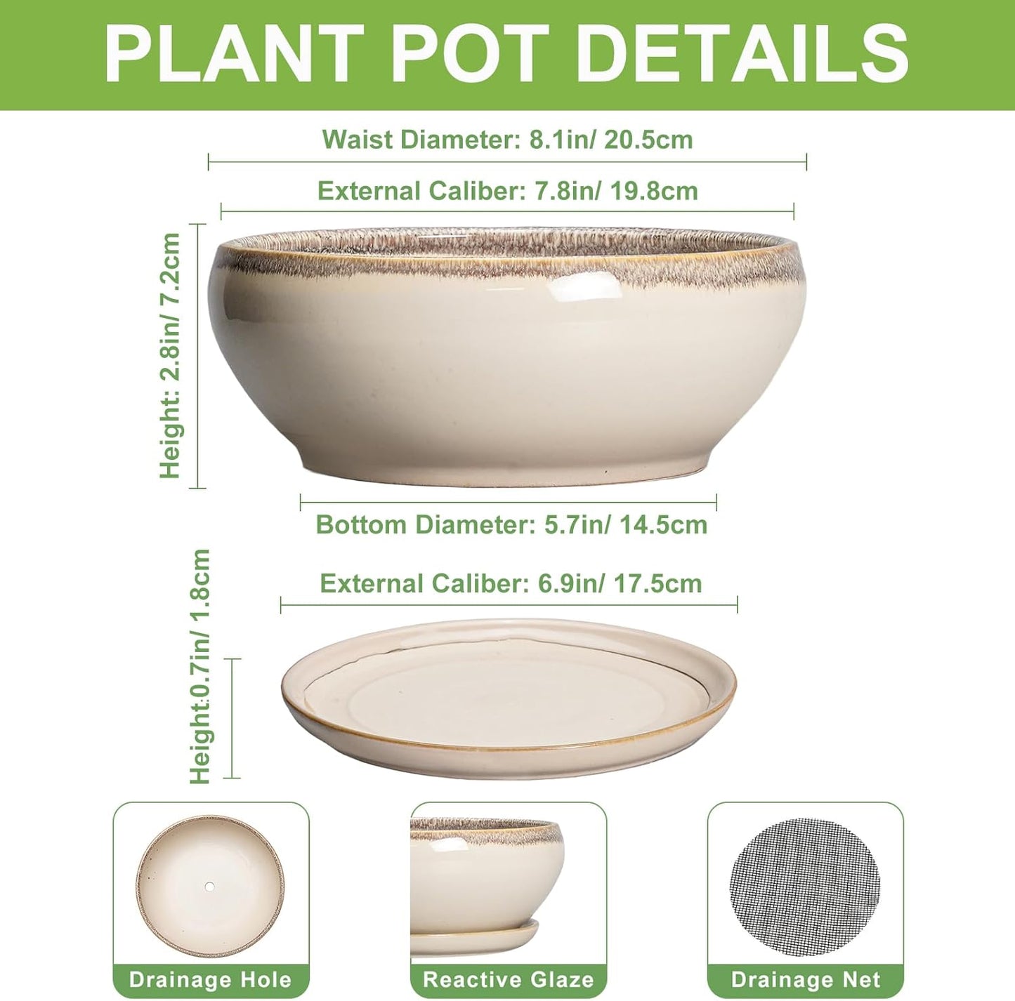 SQOWL Succulent Pots 8 Inch - Ceramic Bonsai Pots for Indoor Plants, Round Shallow Plant Pot with Drainage Hole and Saucer, Bowl Planter Outdoor, Patio Decor, Plant Lover Gifts, Beige