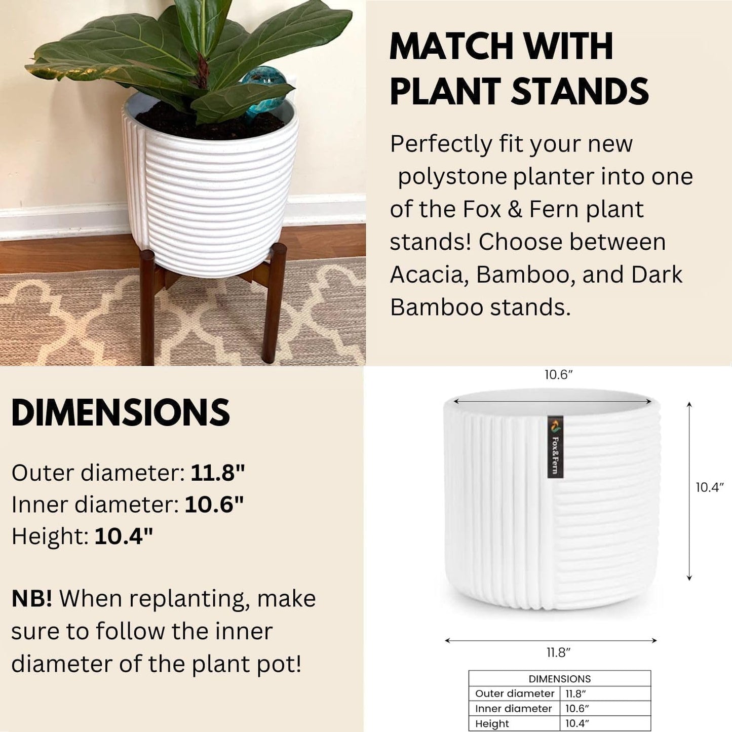 Fox & Fern Large 12 Inch Planter with Drainage Plug — Premium Polystone White Plant Pot; Modern Planter with 3D Texture and Ceramic Finish; 12 Inch Pots for Plants Indoor & Outdoor