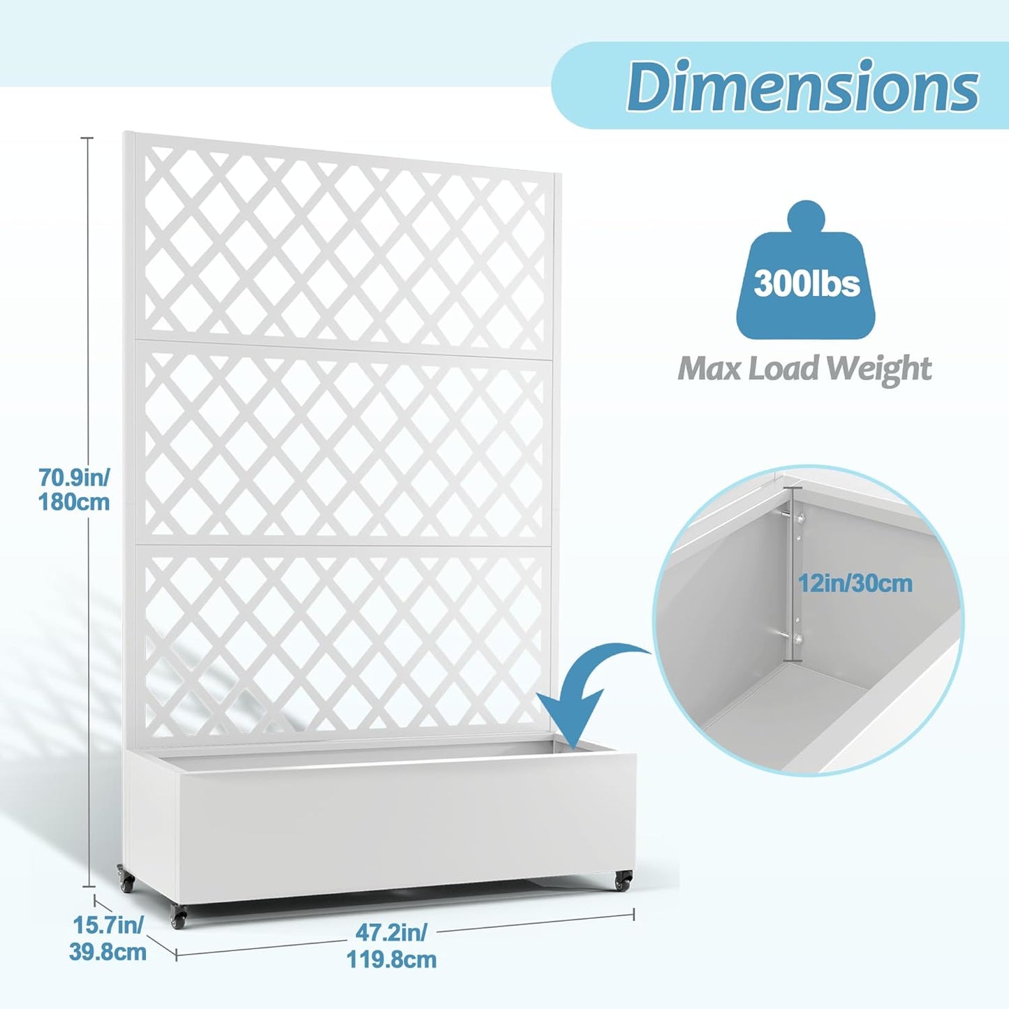 Metal Planter Box with Trellis & Wheels, Raised Garden Bed with Privacy Screen, Outdoor Standing Flower Beds with Drainage Hole for Climbing Plants, Vine, 47.2''L×15.7''W×70.9''H, White