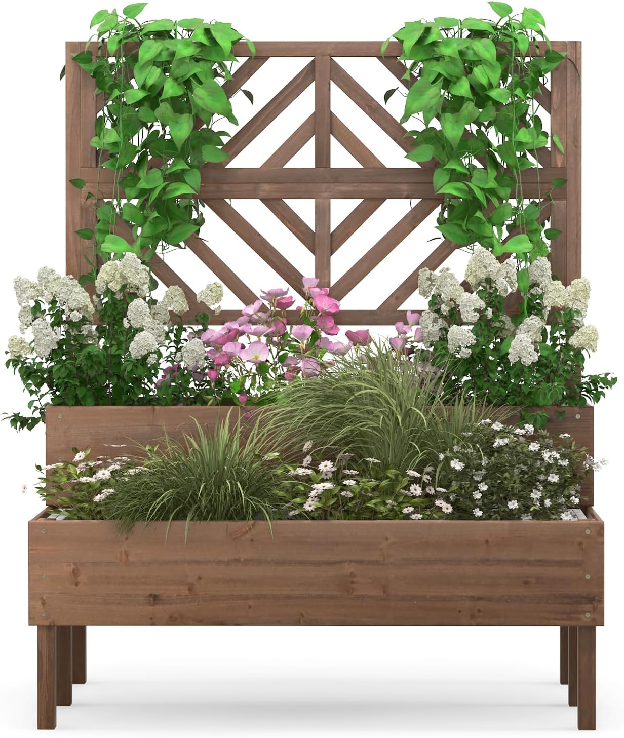 LDAILY Raised Garden Bed with Trellis & 2 Planter Boxes, 2-Tier Wooden Raised Bed with Bottom, Elevated Legs & 10 Drainage Holes, Gardening Planter Box for Flowers/Vegetables/Fruits in Backyard Patio