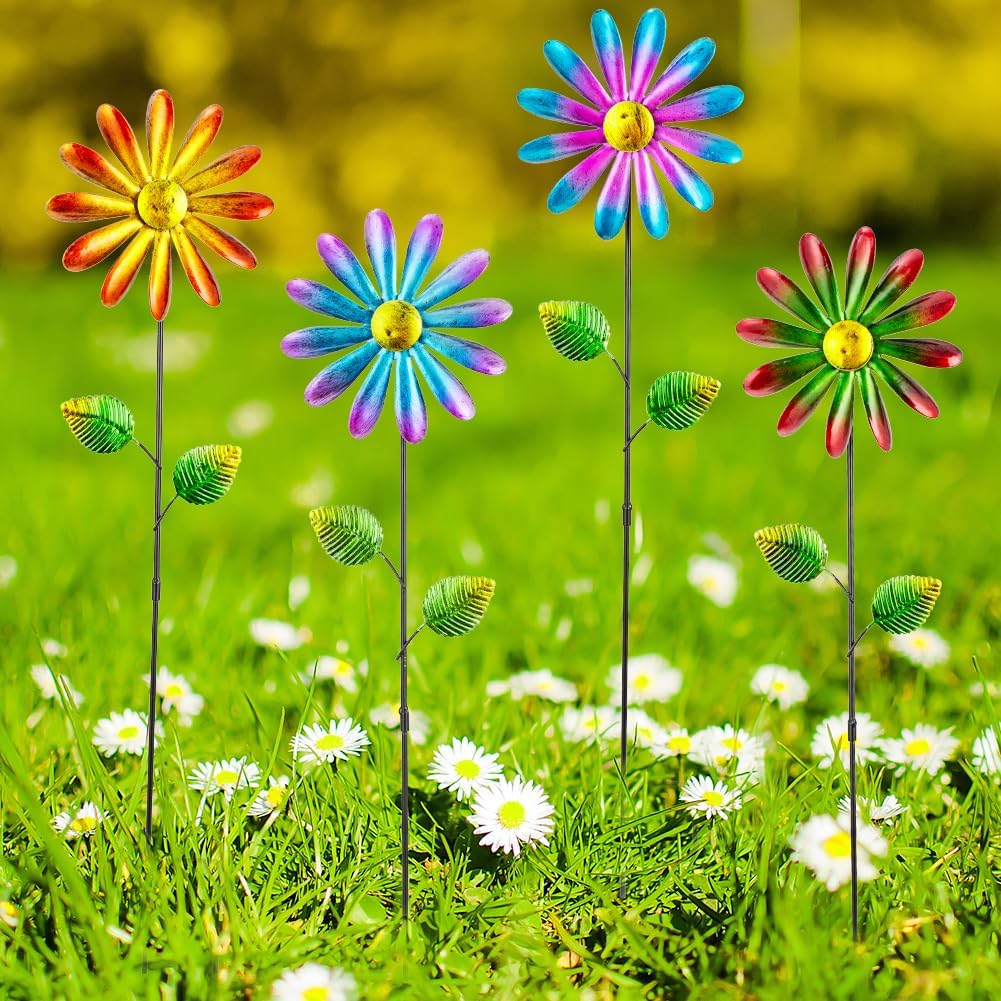 DREAMYSOUL 4 Packs Metal Flowers Wind Spinners Outdoor, Pinwheel Decorative Garden Stakes, Metal Small Wind Spinner for Yard and Garden Decor