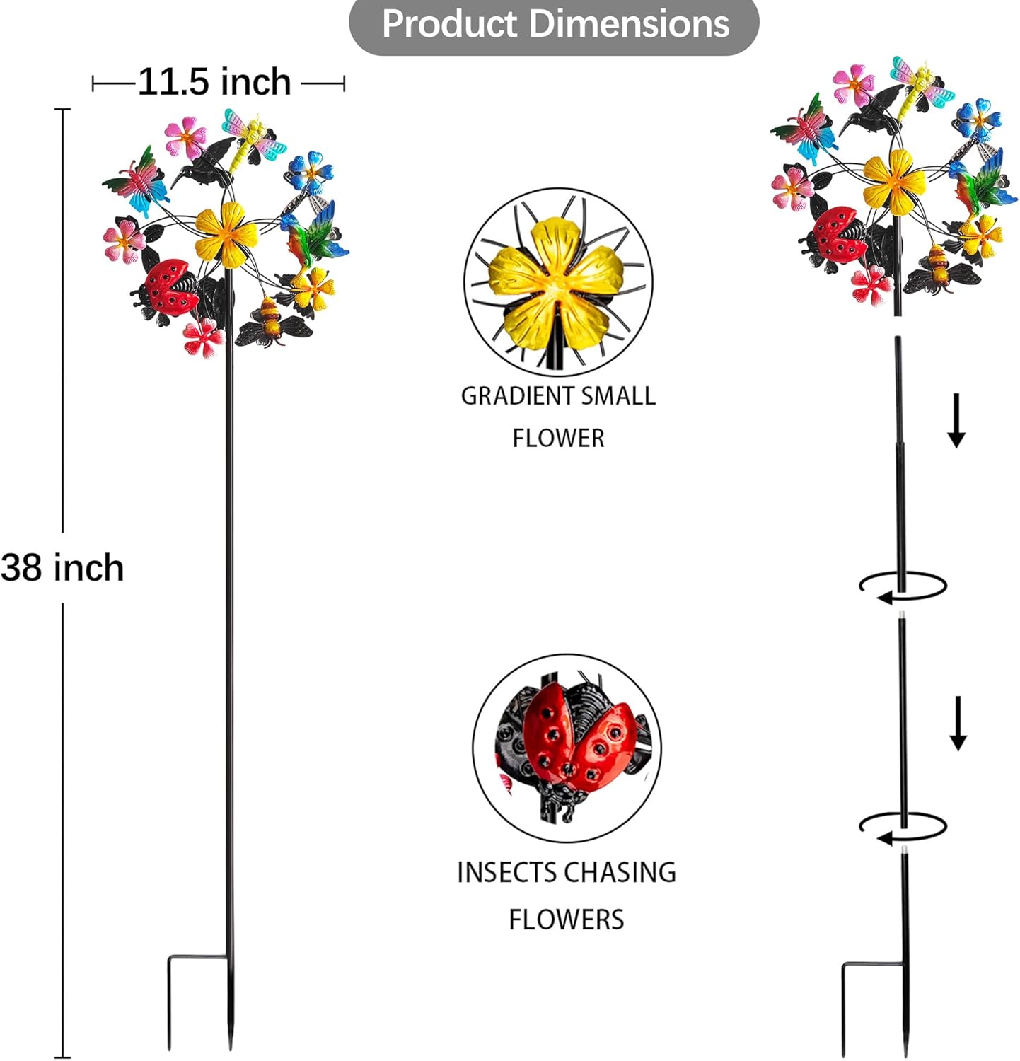 Flower Wind Spinners Outdoor, Metal Windmill with Hummingbirds, Butterflies and Bees, Pinwheels for Yard and Garden